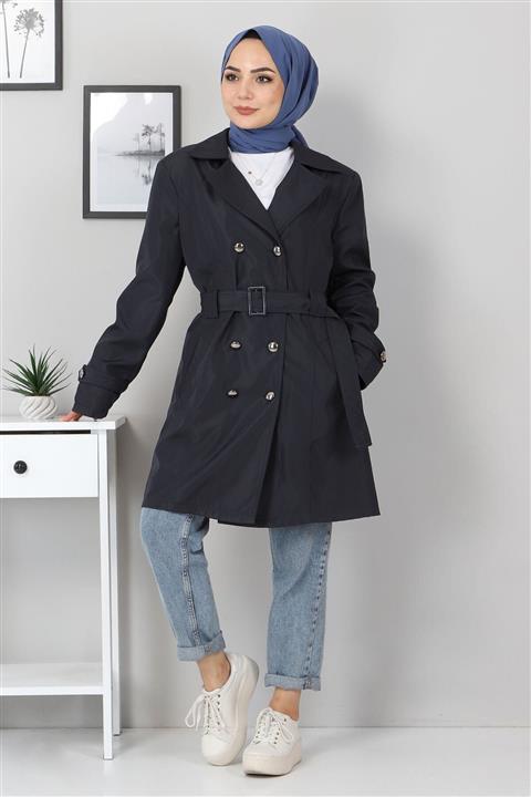 Tesettür Dünyası Kemerli Kısa Trençkot Tsd5503 Lacivert