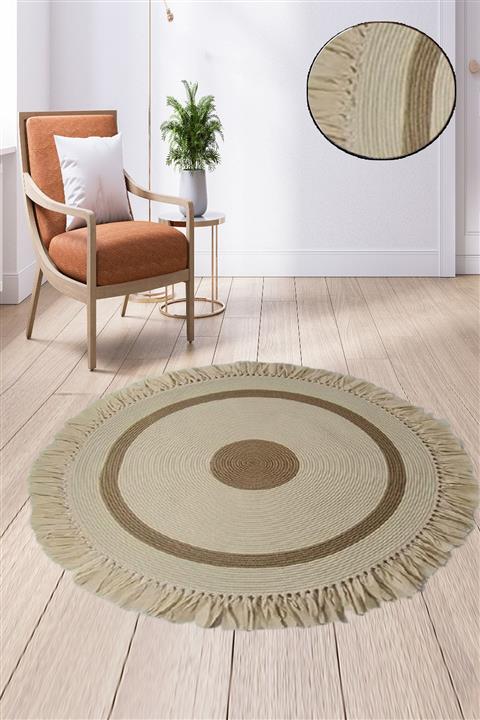 Else Halı Else Krem Sarı Dekoratif Yuvarlak El Örgü Doğal Hasır Halı Sisal Jüt Kilim Yolluk No222