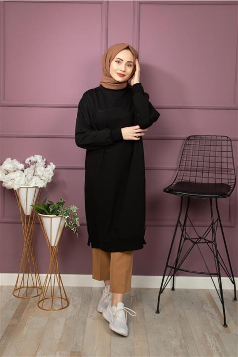 SOUL BY LOREEN FASHİON Kadın Ribana Detaylı Siyah Sweat Tunik