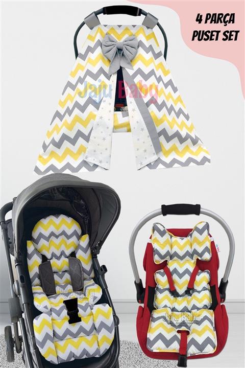 Jaju Baby Sarı Gri Zikzaklı 4 Parçalı Puset Takımı (tutmalı)