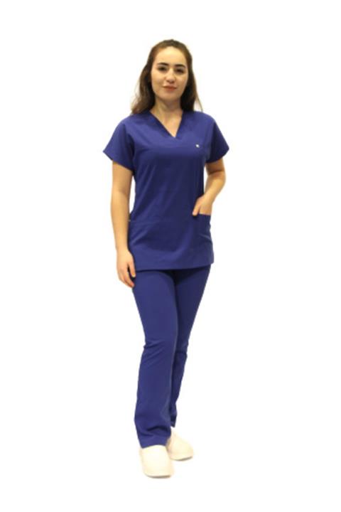DENİZ İŞ Doktor Hemşire Saks Mavi Likralı Yarasa Kol Cerrahi Takım