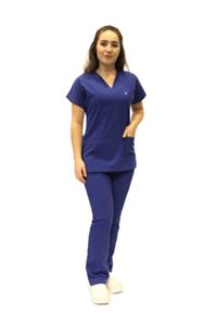 DENİZ İŞ Doktor Hemşire Saks Mavi Likralı Yarasa Kol Cerrahi Takım