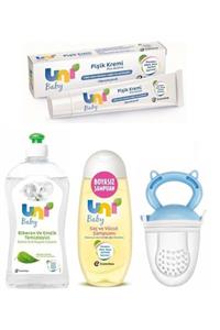 Uni Baby Biberon Ve Emzik Temizleyici 500 Ml+doğal Içerikli Şampuan+pişik Kremi 30 Ml+meyve Süzgeci Mavi