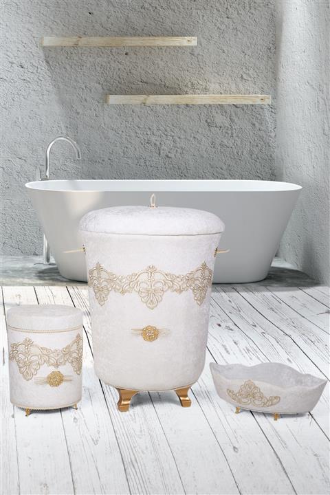 Bonny Home Golden Krem 3lü Kadife Banyo Seti Çeyizlik Dantelli Banyo Kirli Çamaşır Sepeti Seti