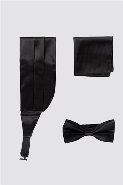 Damat Siyah Düz Kusak Papyon Mendil Set
