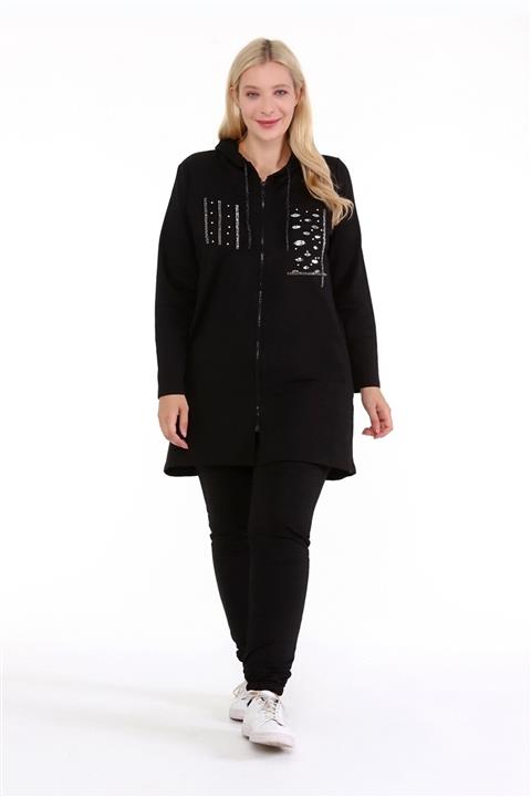 LİLAS XXL Büyük Beden Likralı Taş Işlemeli Siyah Renkli Kapşonlu Eşofman Takımı