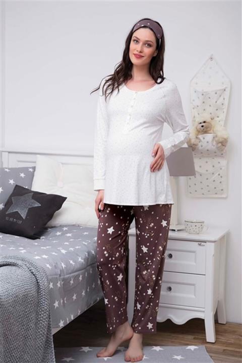 MONAMİSE Kadın Beyaz Hamile Lohusa Pijama Takımı