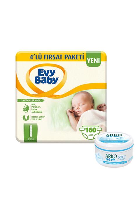 Evy Baby Bebek Bezi 1 Beden Yenidoğan 4'lü Fırsat Paketi 160 Adet+Soft Touch Krem Hediyeli