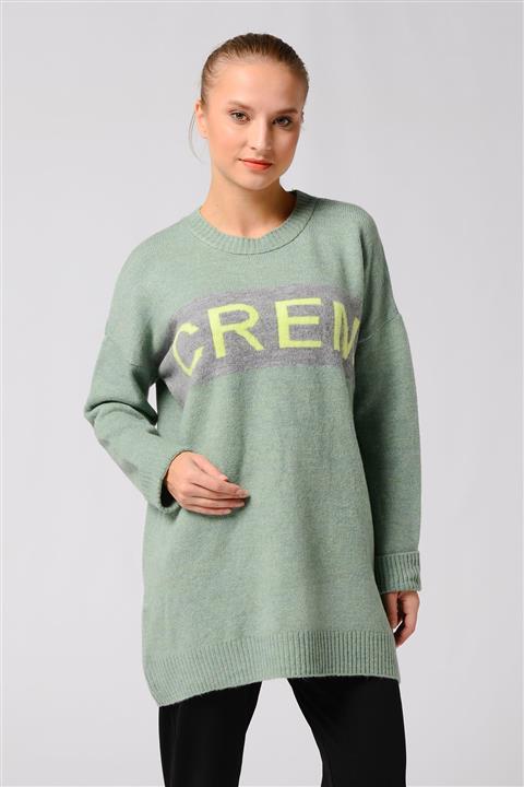 Nefise Kadın Açık Yeşil Crem Baskılı Kazak