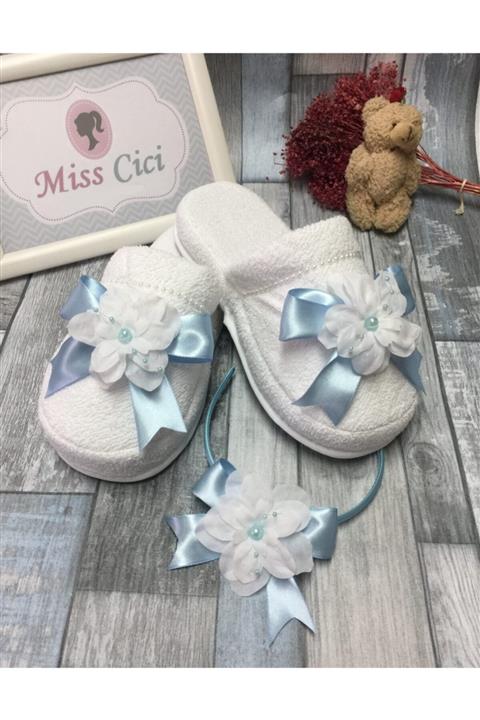 Miss Cici Beyaz Çiçekli Lohusa Tacı Ve Lohusa Terliği Mavi
