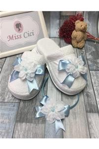 Miss Cici Beyaz Çiçekli Lohusa Tacı Ve Lohusa Terliği Mavi