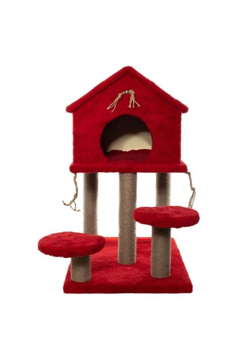 BEBEBEBEK 2 Katlı Kedi Tırmalama Evi Kırmızı