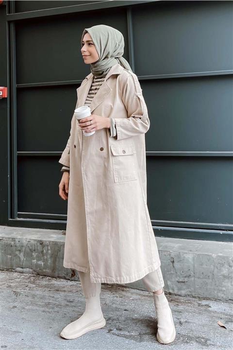 HEQA He-qa Denim Trençkot Uzun Bej