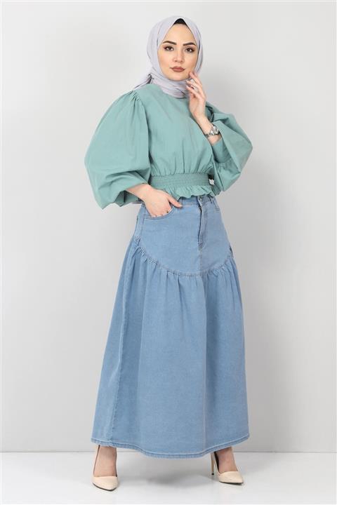 Tesettür Dünyası Pileli Kot Etek Tsd22032 Açık Mavi