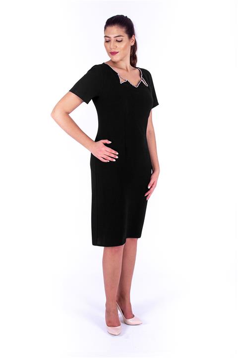 Nidya Moda Kadın Siyah Zikzak Taşlı Yaka Abiye Elbise 4110s