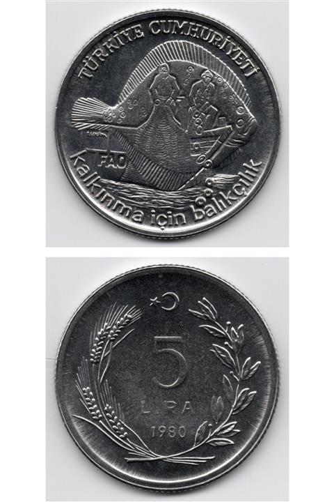 Benim Koleksiyonum F.a.o. 5 Lira (1980) “kalkınma Için Balıkçılık” Çil Eski Madeni Para