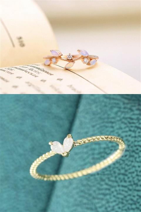LOTUS GÜMÜŞ Taşlı Sarmaşık Ve Minimal Damla 2li Set 14 K Rose Altın Kaplama Yüzük