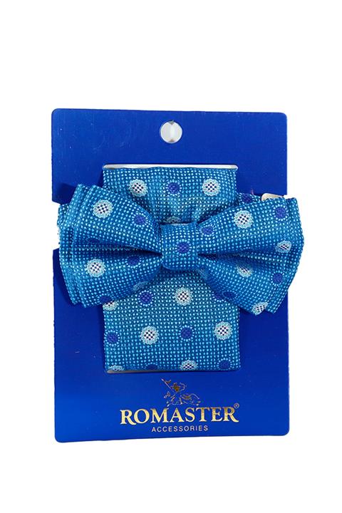 ROMASTER Turkuaz Renk Daire Desenli Mendilli Papyon