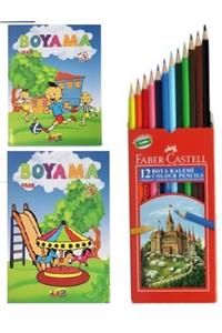 Faber Castell Boyama Kitabı Büyük Boy 2 Adet + Faber Castel 12 Tam Boy Kuru Boya