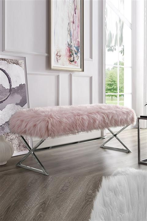 T&H Luxury Bench Pudra Pembe Peluş-krom