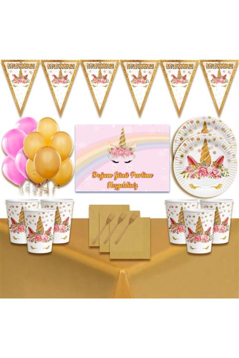 partykids Afişli Çiçekli Unicorn Doğum Günü Süsleri Süsleme Seti 24 Kişilik