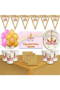 partykids Afişli Çiçekli Unicorn Doğum Günü Süsleri Süsleme Seti 24 Kişilik