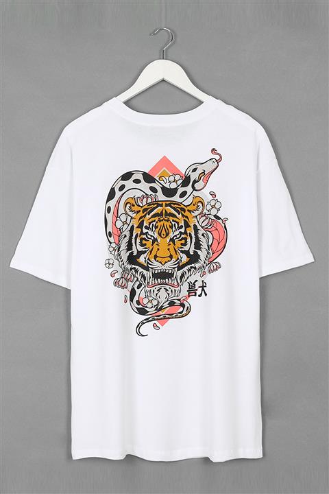 Sekizbiraltı Kaplan Desen Sırt Baskılı Oversize Beyaz Unisex Tshirt