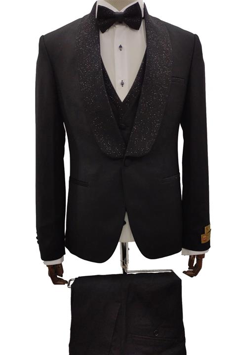 Seğmen Simli Yaka Özel Tasarım Siyah Damatlık Takım