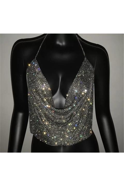 nuit dose Kadın Rhinestone Zırh Croptop