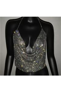 nuit dose Kadın Rhinestone Zırh Croptop