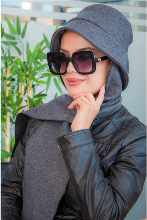 Aişe tesettür Antrasit Atkılı Bucket Şapka