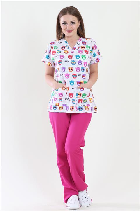 ModaCanel V Yaka Hemşire Doktor Renkli Kediler Desenli Forma Takım Medikal Takım
