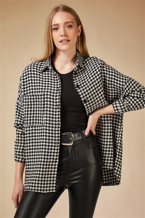 Happiness İst. Kadın Beyaz Siyah Kazayağı Desen Oversize Yünlü Kaşe Gömlek Ceket BH00300
