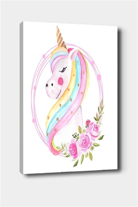 Osso Halı Osso Çiçekli Unicorn Atlı Desenli Dekoratif Çocuk Bebek Odası Kanvas Tablo 50x70 cm
