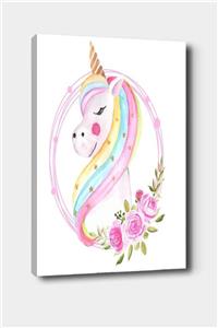 Osso Halı Osso Çiçekli Unicorn Atlı Desenli Dekoratif Çocuk Bebek Odası Kanvas Tablo 50x70 cm