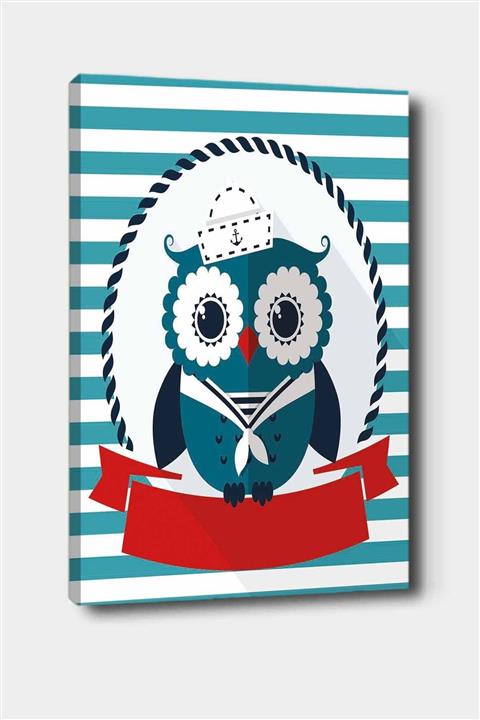 Osso Halı Mavi Kırmızı Sevimli Baykuş Denizci Desenli Dekoratif Çocuk Bebek Odası Kanvas Tablo 50x70 Cm