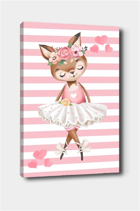 Osso Halı Pembe Çizgili Tilkili Balerin Kız Desenli Dekoratif Çocuk Bebek Odası Kanvas Tablo 50x70 Cm
