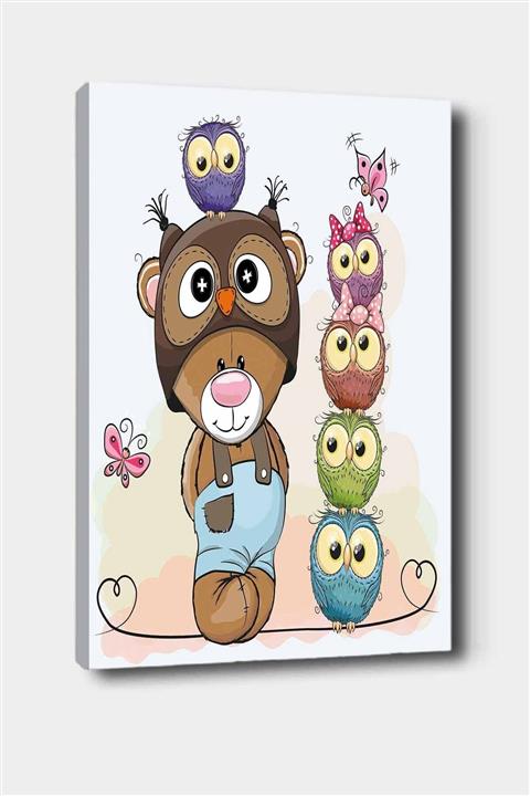 Osso Halı Osso Ayıcık Sevimli Baykuşlar Desenli Dekoratif Çocuk Bebek Odası Kanvas Tablo 50x70 cm
