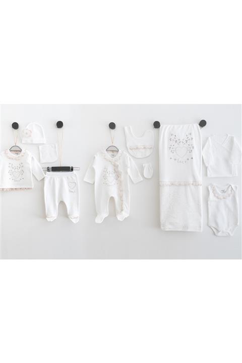 MİNİBORN Yeni Doğan Kız Sim Kalpli Ekru Onlu Set