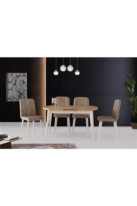 Evistro Ortadan Açılır Ahşap Salon Yemek Masası Oval Meşe + 6 Kahve Sandalye Takım
