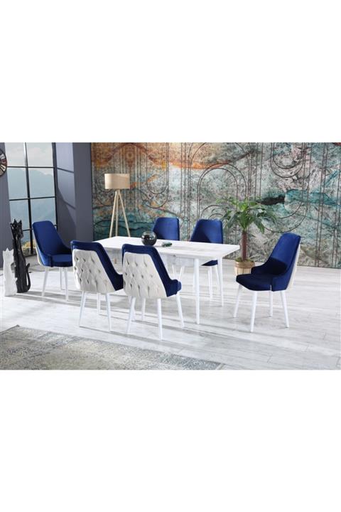 Ervo Merry Lacivert-krem Salon Mutfak Yemek Masa Takımı 6 Sandalyeli