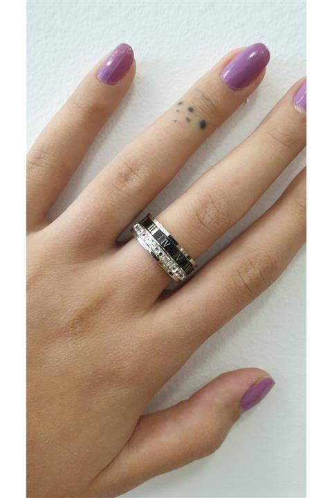 ROMERON Kadın Gümüş Roma Rakamı Detaylı Çelik Yüzük