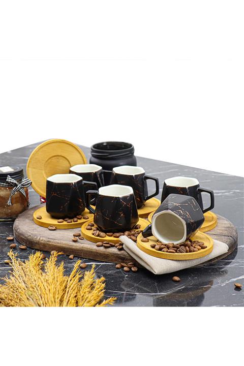 Porsima Siyah Bambu Tabaklı 12 Parça Piramit Türk Kahve Fincan Takımı
