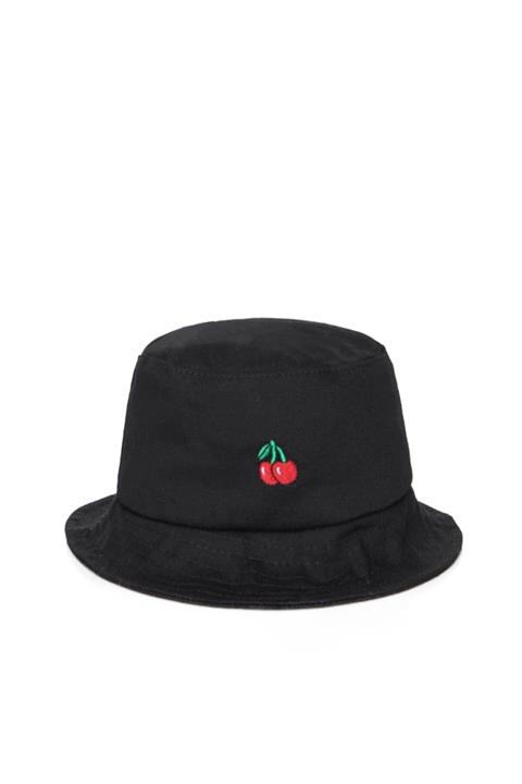 Güce Kırmızı Kiraz Işlemeli Siyah Bucket Balıkçı Şapkası Gc0139kiraz