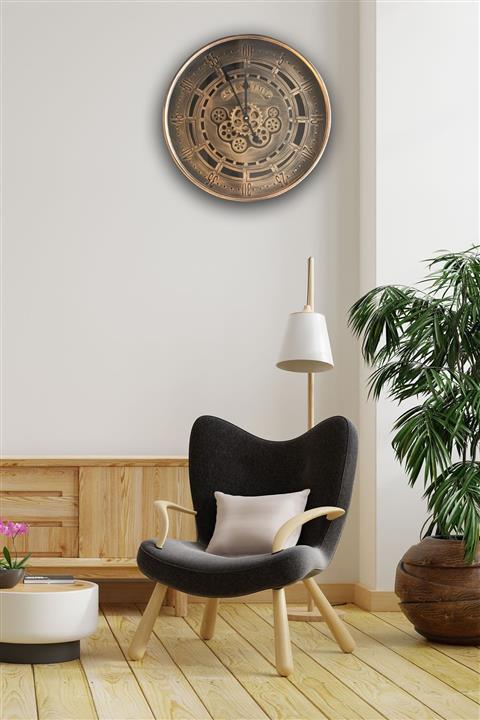 homebiyografi Lüks Dekoratif Çarklı Metal - Cam Bronz Duvar Saati