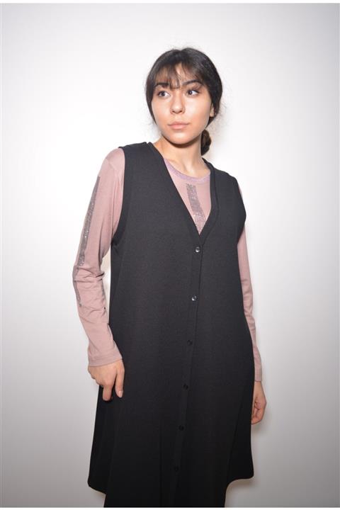 Pelikan Kadın Siyah Düğmeli Uzun Yelek 4001