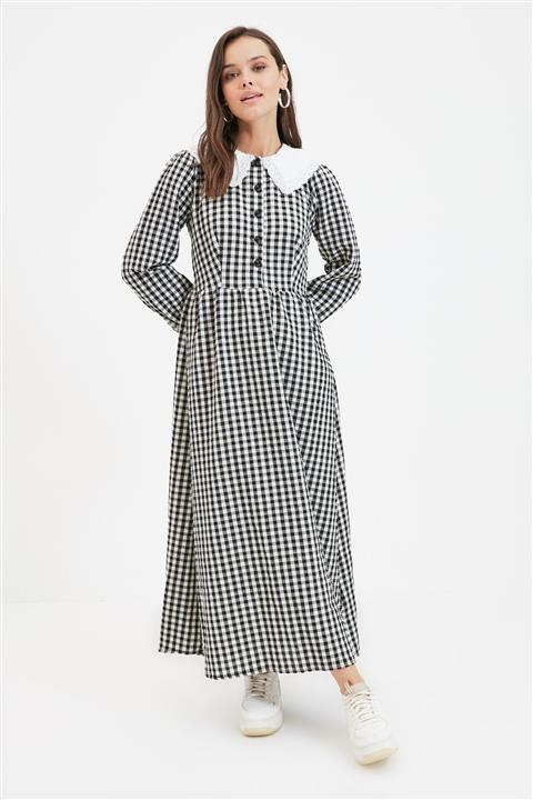 Trendyol Modest Siyah Pötikareli Bebe Yaka Elbise TCTAW22EB0011