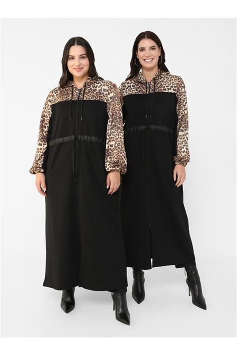ALİA Büyük Beden Leopar Desenli Kapüşonlu Kap - Siyah -
