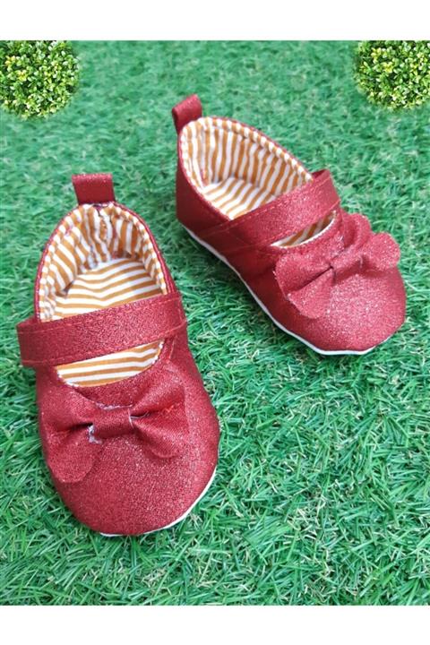 Sönmez Baby Kız Bebek Kırmızı Simli Kalpler Fiyonklu Ev Patik Babet