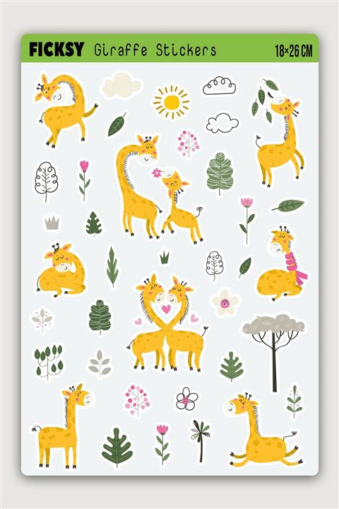 Ficksy Sevimli Zürafa Sticker Seti - 24 Adet Etiket Çıkartma